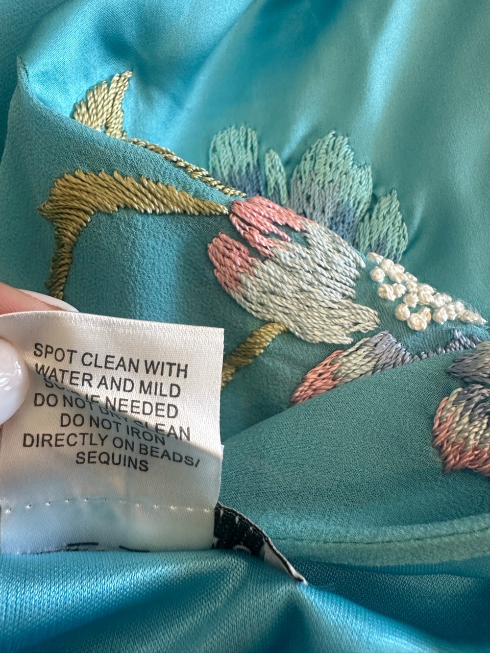 Sue Wong Silk Turquoise Y2K Ruched Floral Embroidered Asymmetrical Dress- Size 8 - Picture 12 of 14